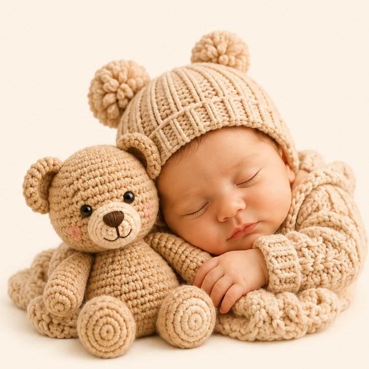 Bebé recién nacido con un osito de peluche