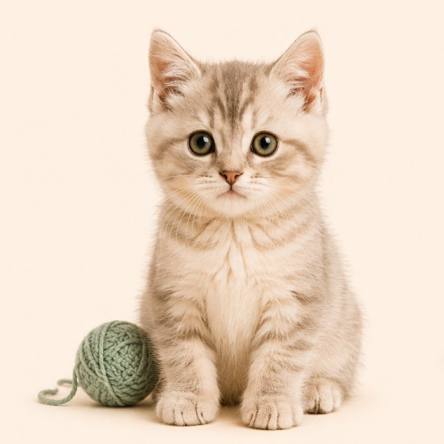 Gatito sentado junto a un ovillo de lana