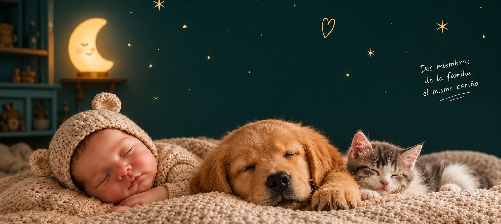 Bebé recién nacido durmiendo junto a un cachorro y un gatito